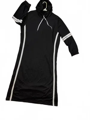 Black Drawstring Hoodie Maxi Dress White Contrast Racing Stripes 54”L thumbnail 4