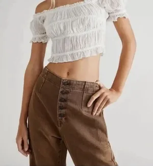 NWT Free People One Cheri Smocked Crop Top Size Large White Off The Shoulder thumbnail 1