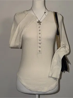 2000s vintage style free people cream long sleeve button up top w/ subtle weave thumbnail 1