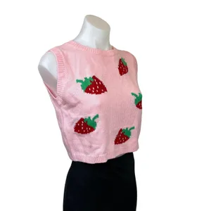 Shein Women Pink Strawberry Print Knit Crew Neck Crop Sleeveless Vest Sweater S thumbnail 3
