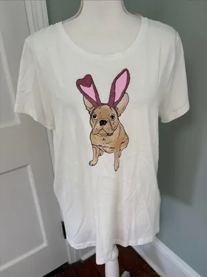NWT J. Crew White Tee with‎ Pink Bunny-Eared French Bulldog thumbnail 1