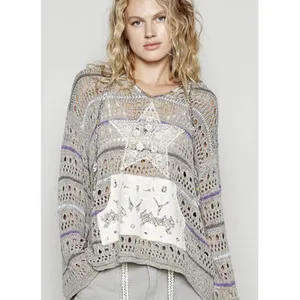 POL Crochet Open Knit Hoodie Gray Boho Mesh Sweater Cottagecore Granola Bohemian thumbnail 7