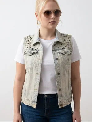 Free People Studded Grunge Distressed Denim Vest Acid Wash S thumbnail 1