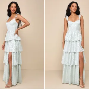 LULU's Flirty Floral Roses Prom Wedding Formal Event Sexy Tiered Ruffles Maxi thumbnail 3
