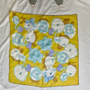 vintage yellow blue white floral scarf square poly chiffon thumbnail 6