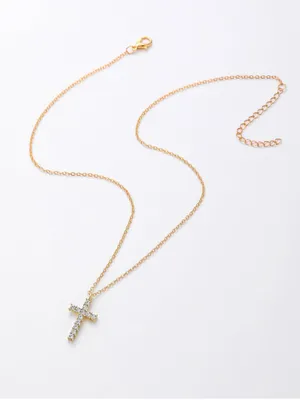 Gold Alloy Crystal Cross Pendant Necklace Cable Chain Lobster Clasp 15.75" Adj thumbnail 5