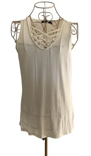 Doe & Rae White Ribbed Criss Cross Neckline Tank Top Size Small thumbnail 1