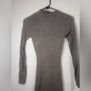 Long-Sleeve Asymmetric Midi Dress in Taupe thumbnail 4