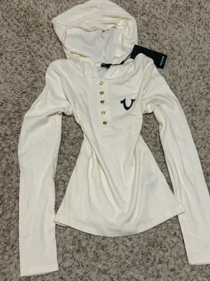 Y2K True Religion Cream Ribbed Rhinestones Wings Long Sleeve Hooded Henley Top thumbnail 1