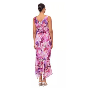 XSCAPE Women's Printed Chiffon High-Low Midi Dress Pink Floral Size 6 thumbnail 2
