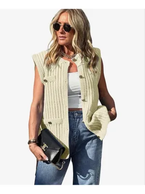 NEW Chunky Knit Top Sleeveless Button Down Trendy Cardigan Sweater M thumbnail 5