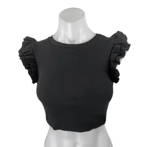 Zara Women's Black Rib Knit Ruffle Flutter Short Sleeve Crop Blouse Top Size S thumbnail 1