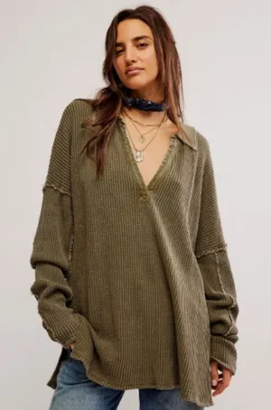 We The Free Free People Travis Tunic Polo Top Waffle Knit Thermal Green Oversized Lounge M thumbnail 1