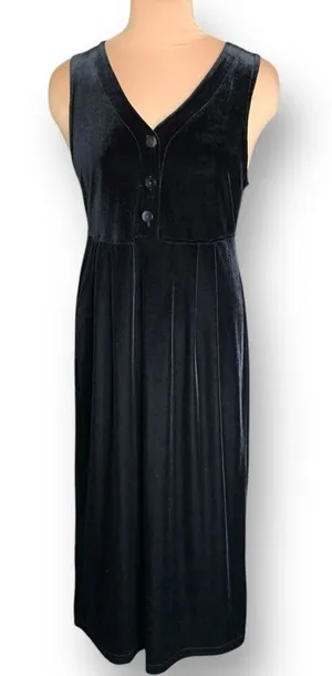 Vintage Studio Ease Black Velvet Babydoll Waist‎ Sleeveless Vneck Maxi Dress thumbnail 1