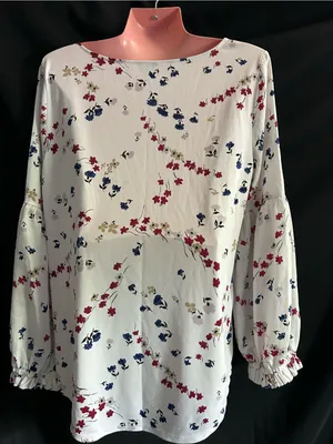 Ann Taylor White Floral Bell-Sleeve Blouse Red, Navy & Tan Print LG thumbnail 9