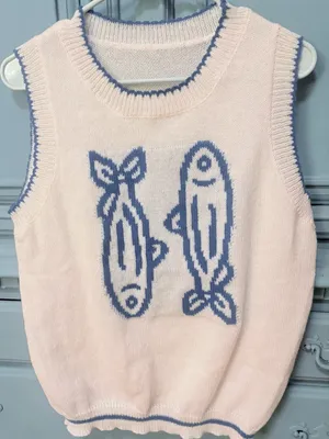 White & Blue Fish Knit Sleeveless Vest - Casual Summer Layer EUC - worn once thumbnail 5