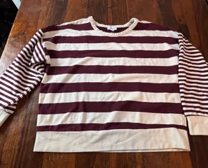 Evereve Womens XL Burgundy Cream‎ Striped Pullover Sweatshirt French Terry Boxy thumbnail 1