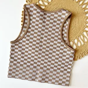 Aura Tan & White Checkered Crop Tank Top thumbnail 4