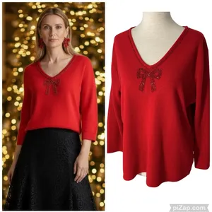 VINTAGE NORTON MCNAUGHTON Beaded Christmas Bow Sweater thumbnail 2