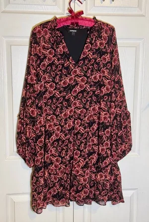 EXPRESS XL Black Mini Dress Black Rose Pink Floral Print Chiffon Flowy Flirty thumbnail 1