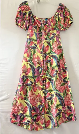 Farm Rio for Anthropologie Tropical Floral Smocked Linen Midi Dress XS thumbnail 1