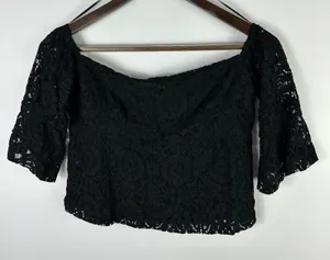 Zara Black Lace Crop Top‎ Womens Small Short Sleeve Fairy Grunge Whimsigoth thumbnail 1