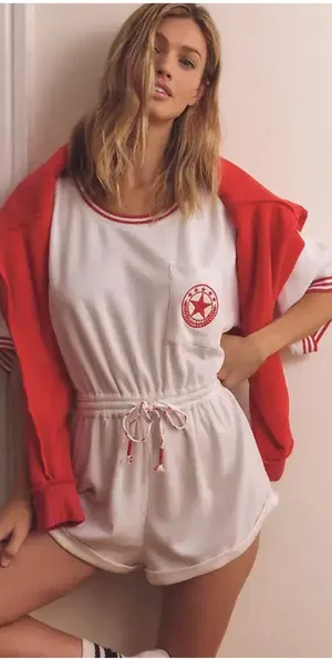 Anthropologie Waffle Knit Romper Varsity Stripe Deep V‎ Back White Red Large thumbnail 1