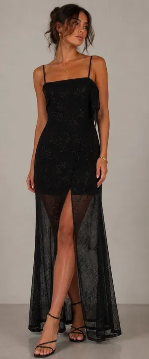 Next Up Maxi Dress Womens XL Black Mesh Glitter Floral Slit‎ Y2K Whimsigoth Goth thumbnail 1