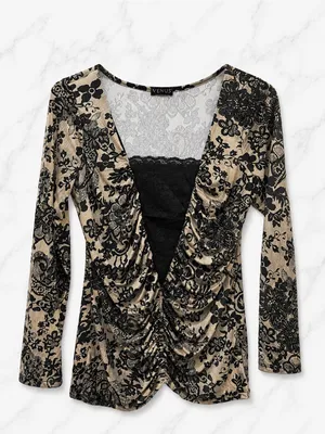 ⁠VENUS Ruched Front Lace Trim V-Neck Long Sleeve Top Black Nude Beige | Small thumbnail 2