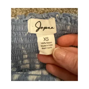 Japna NWT Strapless Tie Dye Jumpsuit XS Blue White Rayon Wide Leg Ruffle Boho thumbnail 6