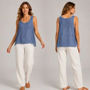 Pronto Moda Italy Blue Mineral Wash Linen Blend Tank Top XL Scoop Neck Womens thumbnail 2