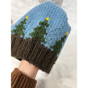 Vintage Handmade Knit Beanie Winter Tree Star Landscape Blue Brown Hat‎ Womens thumbnail 3