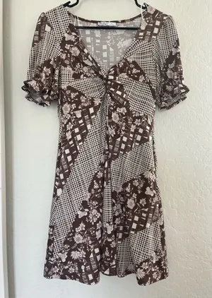 Aster women’s dress brown white floral checkered design artsy pockets‎ medium thumbnail 1
