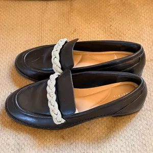 Gianni Bini Black Leather Loafers with Rhinestone Braid Trim thumbnail 2