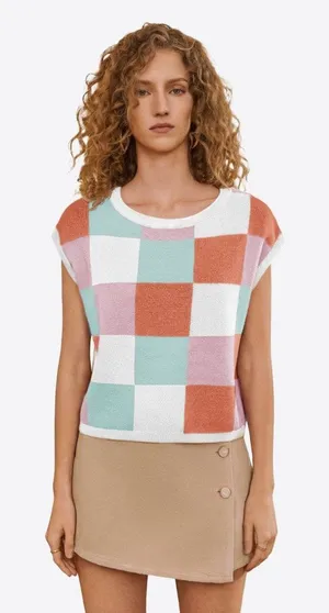 Knit Vest Women's Size XL Pink Colorblock Checkered Sleeveless Coastal Grandma thumbnail 1