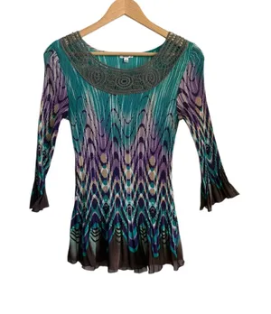 Vintage Nicola 90s Y2K Plisse Sheer Abstract Geometric Top Medium thumbnail 1