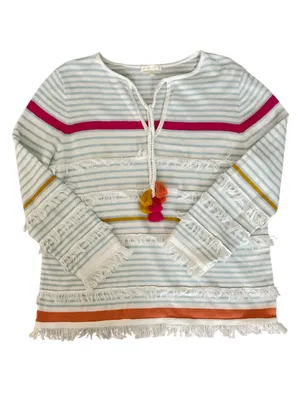 Lisa Todd White Stripe Cotton Fringe Sweater Top size Large thumbnail 2