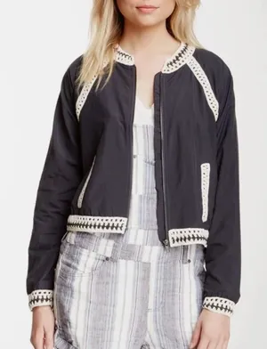 Free People Jacket crochet crop bomber womens Navy Blue small boho preppy casual thumbnail 1