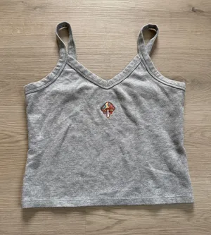 Gray Ribbed V-Neck Camisole Tank Top Mushroom Embroidery Boho Indie Y2K style thumbnail 1