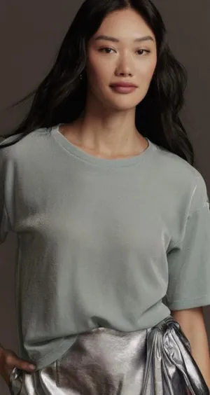 Anthropologie NWT $68 By Sky Blue Short-Sleeve Shine Cropped Pullover Tee M thumbnail 1