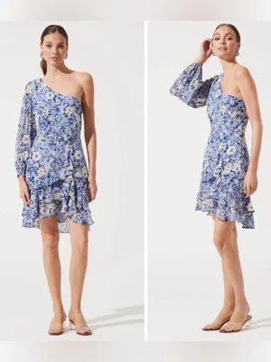 ASTR Floral One Shoulder Periwinkle Ruffle Mini Dress Size Large thumbnail 7
