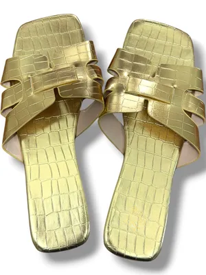 SHEIN | NWT Gold Croc-Embossed Slide Square Toe Beach Sandals (Size 42) thumbnail 3