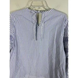 J.Crew Ruffle Stripe Blouse Womens 10 Blue‎ White Excellent Cotton Keyhole Tie thumbnail 8