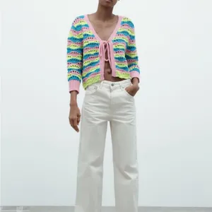 Zara Chunky Crochet Striped Front Tie Cardigan Retro Boxy Vibrant Y2K Sz M thumbnail 5