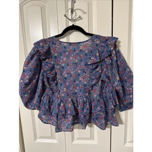 Karlie Blue Floral V Neck Crop Top Size Medium Hippie Boho 3/4 Sleeve thumbnail 5