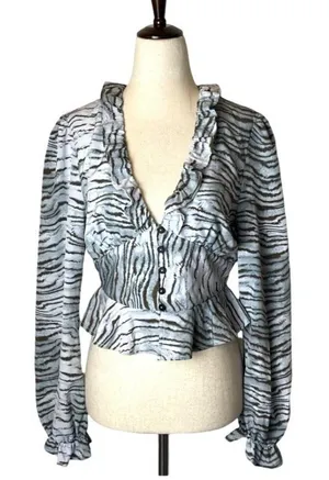 Vintage Havana Blue and Black Animal Print Ruffle Cropped Peplum Blouse‎ XS thumbnail 1