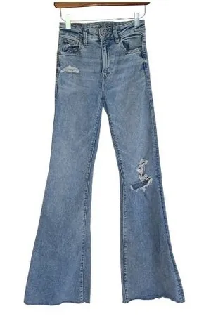 American Eagle Flare‎ Jeans Women 0 Blue Distressed High Rise Next Level Stretch thumbnail 1