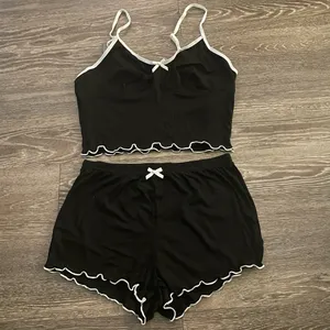 New Boutique Women's black Bow Knot Ruffle Trim Sleepwear Set. Size Medium thumbnail 1