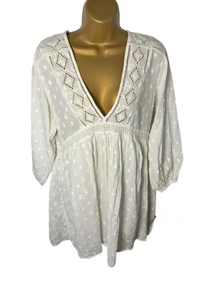 Zara White Swiss Dot Embroidered Lace Boho Babydoll Tunic Dress Medium thumbnail 2