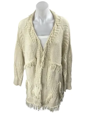 Tularosa Cream Long Sleeve Boho Fringe Midi Open Cardigan Sweater Top Size S thumbnail 1